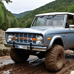 **

A Ford Bronco driving through a muddy off-road trail in the Ardèche region of France. The Bronco should be neo-retro in style, with round headlights and a massive grille. Emphasize the ruggedness and adventure-ready nature of the vehicle. The background should feature the typical landscape of Ardèche, with rocks, forests, and perhaps a glimpse of a river. The overall feeling should be adventurous and outdoorsy.

**