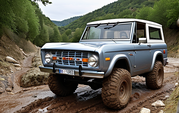 **

A Ford Bronco driving through a muddy off-road trail in the Ardèche region of France. The Bronco should be neo-retro in style, with round headlights and a massive grille. Emphasize the ruggedness and adventure-ready nature of the vehicle. The background should feature the typical landscape of Ardèche, with rocks, forests, and perhaps a glimpse of a river. The overall feeling should be adventurous and outdoorsy.

**