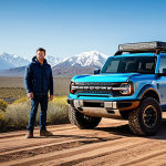 A person, fully clothed in modest, professional outdoor adventure gear, standing next to a new model Ford Bronco. The Bronco is rugged and iconic, with its signature squared design and large off-road tires, parked on a dirt trail. In the background, majestic mountains rise under a clear sky, conveying a sense of vast exploration. Professional photography, high-resolution, detailed, cinematic lighting, vibrant colors, perfect anatomy, correct proportions, natural pose, well-formed hands, proper finger count, natural body proportions, safe for work, appropriate content, fully clothed, family-friendly.