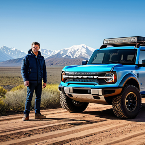 A person, fully clothed in modest, professional outdoor adventure gear, standing next to a new model Ford Bronco. The Bronco is rugged and iconic, with its signature squared design and large off-road tires, parked on a dirt trail. In the background, majestic mountains rise under a clear sky, conveying a sense of vast exploration. Professional photography, high-resolution, detailed, cinematic lighting, vibrant colors, perfect anatomy, correct proportions, natural pose, well-formed hands, proper finger count, natural body proportions, safe for work, appropriate content, fully clothed, family-friendly.