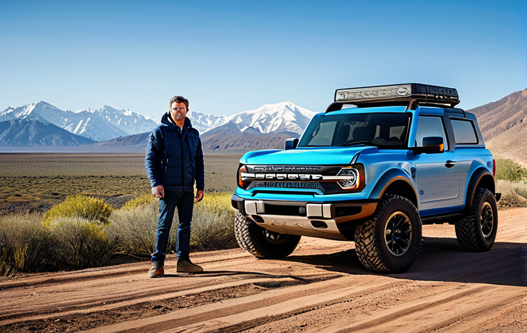 A person, fully clothed in modest, professional outdoor adventure gear, standing next to a new model Ford Bronco. The Bronco is rugged and iconic, with its signature squared design and large off-road tires, parked on a dirt trail. In the background, majestic mountains rise under a clear sky, conveying a sense of vast exploration. Professional photography, high-resolution, detailed, cinematic lighting, vibrant colors, perfect anatomy, correct proportions, natural pose, well-formed hands, proper finger count, natural body proportions, safe for work, appropriate content, fully clothed, family-friendly.