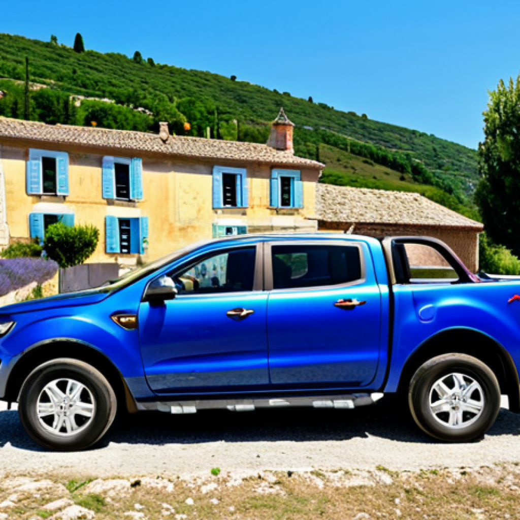 **
A Ford Ranger, fully clothed, parked in a picturesque village in Provence, France. The truck is a vibrant blue, clean and well-maintained. In the background, rolling hills covered in lavender fields are visible under a bright, sunny sky. The truck bed has gardening supplies – potted plants, tools, and bags of soil. The overall scene is bright and cheerful. Safe for work, appropriate content, family-friendly, professional photography, perfect anatomy, natural proportions, well-formed hands, proper finger count.
**