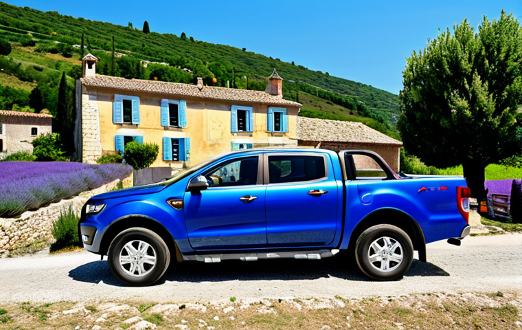 **

A Ford Ranger, fully clothed, parked in a picturesque village in Provence, France. The truck is a vibrant blue, clean and well-maintained. In the background, rolling hills covered in lavender fields are visible under a bright, sunny sky. The truck bed has gardening supplies &ndash; potted plants, tools, and bags of soil.  The overall scene is bright and cheerful.  Safe for work, appropriate content, family-friendly, professional photography, perfect anatomy, natural proportions, well-formed hands, proper finger count.

**