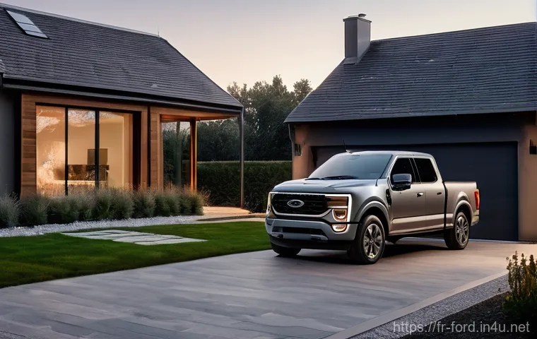 포드 F 150 라이트닝의 충전 시간 - **Prompt:** A serene and modern scene in a French suburban setting during the golden hour. A new For...