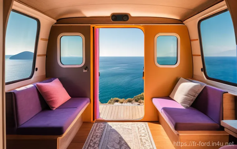 포드 트랜짓 캠핑카로의 개조 비용 - **A picturesque Ford Transit camper van parked gracefully on a scenic cliffside overlooking the azur...