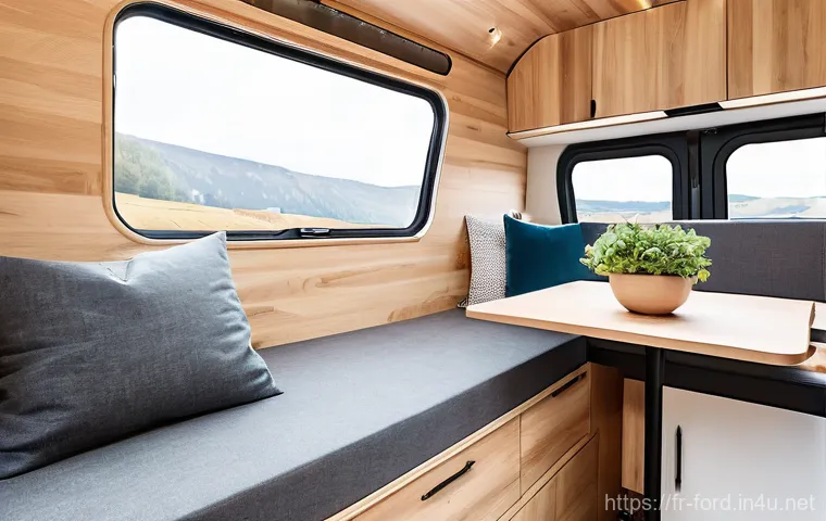 포드 트랜짓 캠핑카로의 개조 비용 - **A picturesque Ford Transit camper van parked gracefully on a scenic cliffside overlooking the azur...