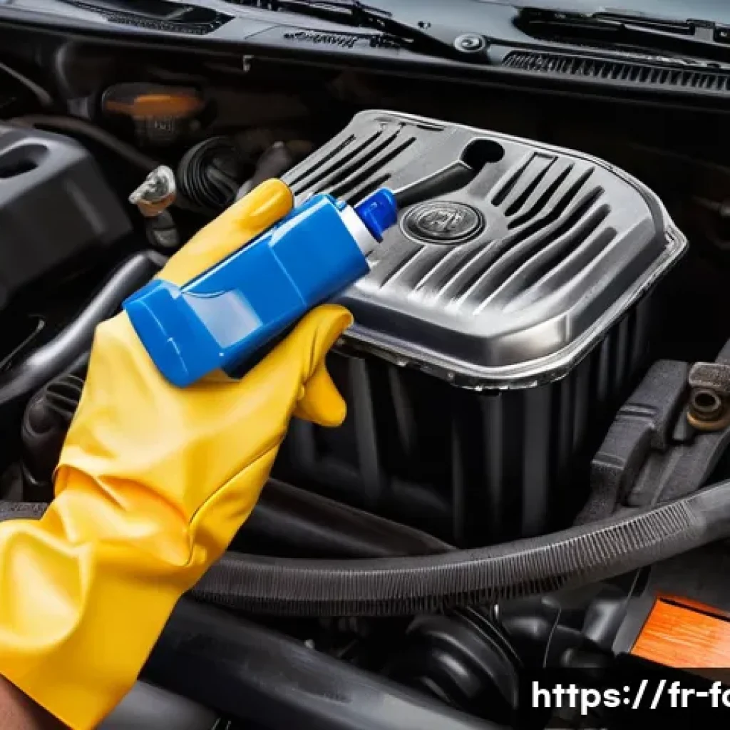 포드 레인저의 소모품 관리 팁 - A detailed, realistic illustration of a Ford Ranger engine bay with a focus on the oil dipstick and ...