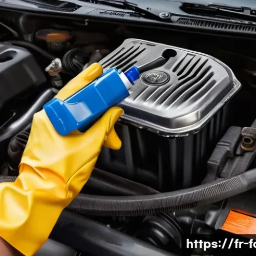 포드 레인저의 소모품 관리 팁 - A detailed, realistic illustration of a Ford Ranger engine bay with a focus on the oil dipstick and ...
