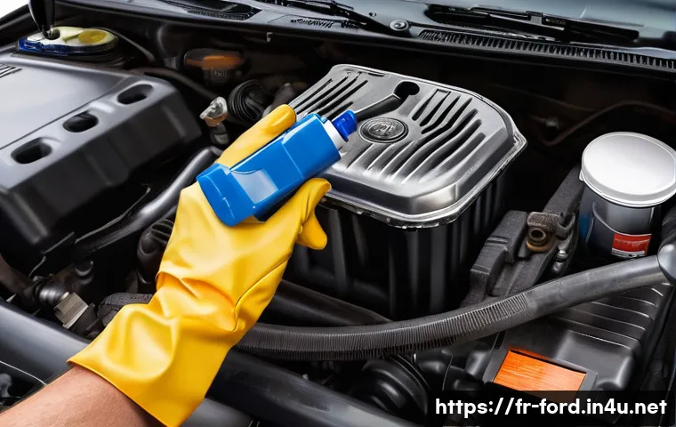 포드 레인저의 소모품 관리 팁 - A detailed, realistic illustration of a Ford Ranger engine bay with a focus on the oil dipstick and ...