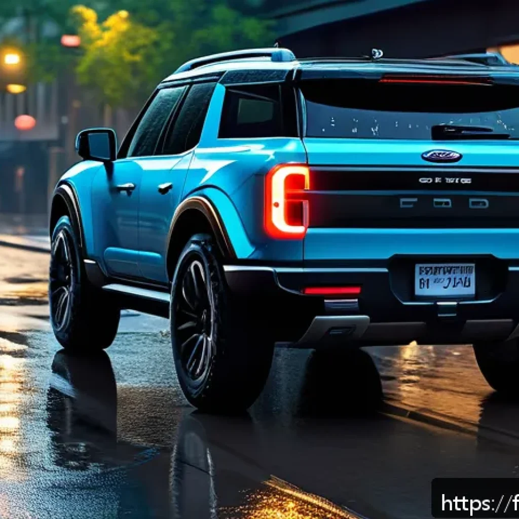 포드 브롱코의 최신 안전 기술 - A sleek Ford Bronco 2024 driving through a rainy urban street at night, showcasing advanced proactiv...