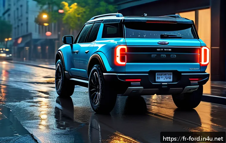 포드 브롱코의 최신 안전 기술 - A sleek Ford Bronco 2024 driving through a rainy urban street at night, showcasing advanced proactiv...