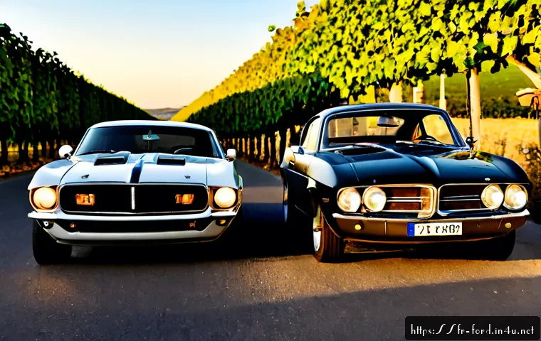 포드 머스탱 GT와 닷지 챌린저 비교 - Photorealistic side-by-side comparison of two powerful American muscle coupes, one sleek modern fast...