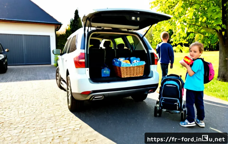 Home 17 포드 익스페디션의 패밀리카 적합성 - Photorealistic wide-angle scene of a large modern full-size family SUV parked beside a charming Fren...