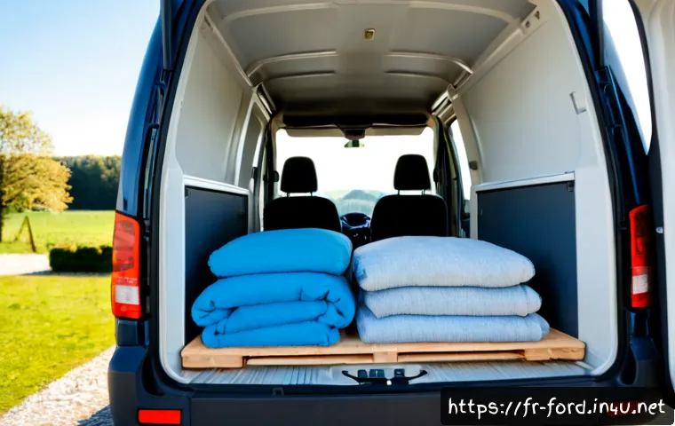 포드 트랜짓 밴의 적재 공간 활용 - Photorealistic wide-angle view inside a clean modern European cargo van parked beside a French count...