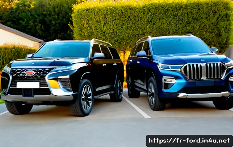포드 익스플로러와 현대 팰리세이드 비교 - Photorealistic side-by-side comparison of two large modern family SUVs, one rugged American-inspired...